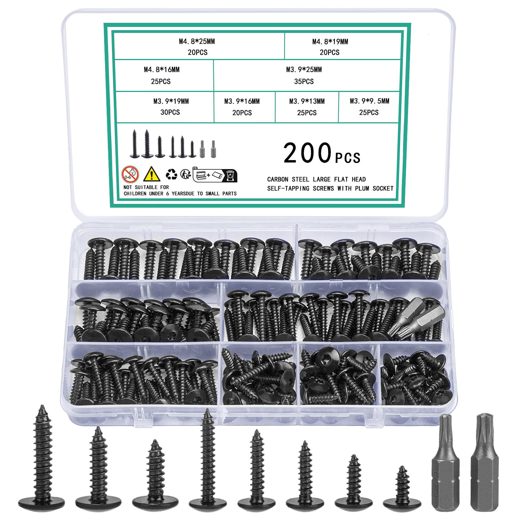Vwoqiy 200 Pcs M4.8 M3.9 Self Tapping Screws for Wood, Torx Flat Pan Head Self Drilling Screws, Black Wafer Truss Head Screw for Repairing, with 2 Bits (black 200)
