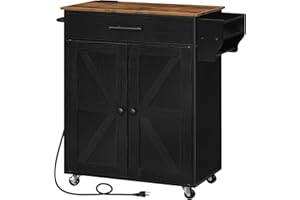 HOOBRO Kitchen Island with Power Outlet, Kitchen Storage Island with Large Worktop, Spice Rack and Drawer, Rolling Kitchen Ca