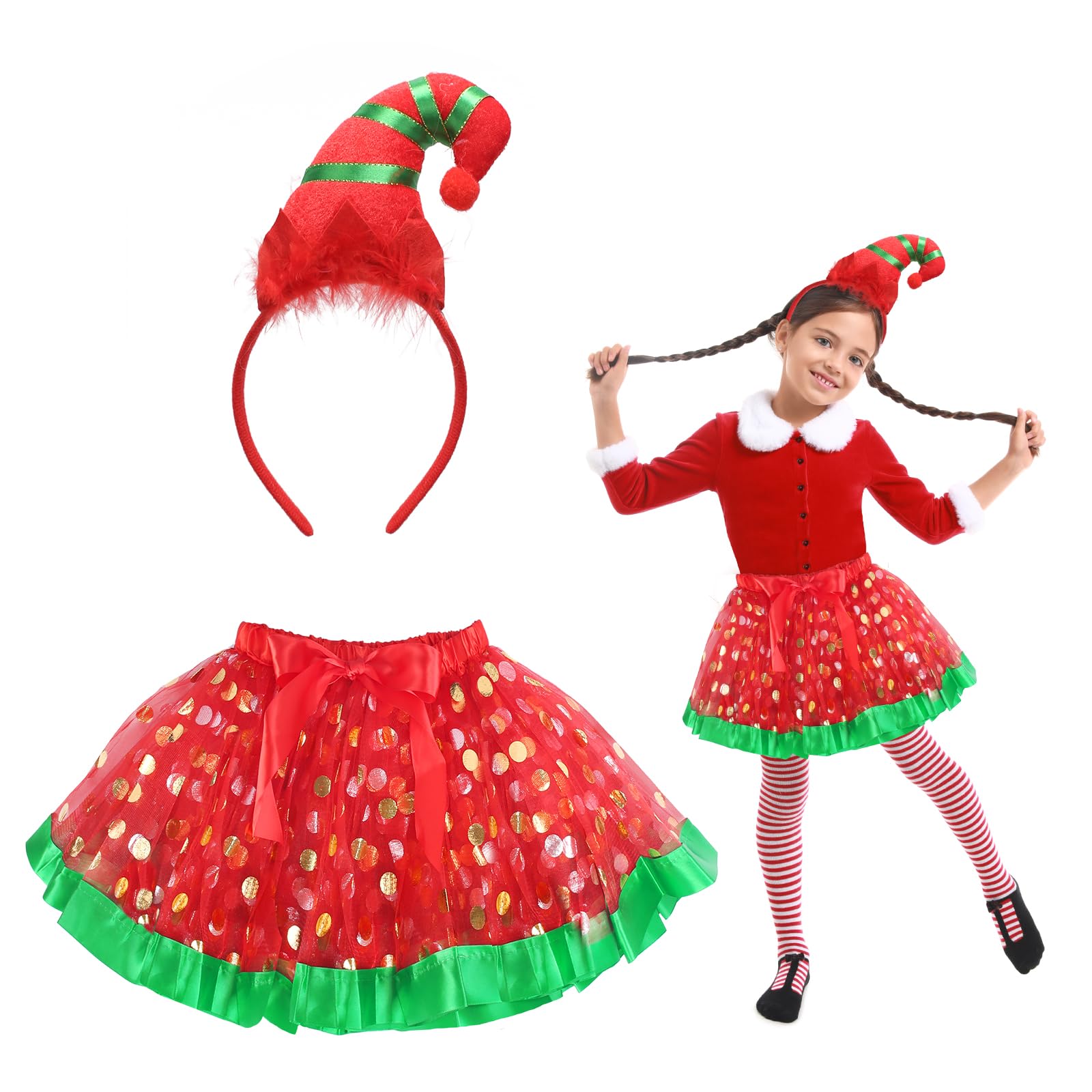 HONMOK 2 Piece Girls Elf Christmas Costume, Xmas Elf Outfit with Elf Hat Headband & Red Green Tutu Dress, Santa's Helper Costume for 3-10y Kids Xmas Festive Party — image 1