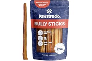 Pawstruck All-Natural 12" Bully Sticks for Dogs - Long Lasting, Rawhide-Free, Low Odor & Grain-Free Dental Chew Treat - Healthy Single Ingredient, 100% Real Beef - 1 lb Bag
