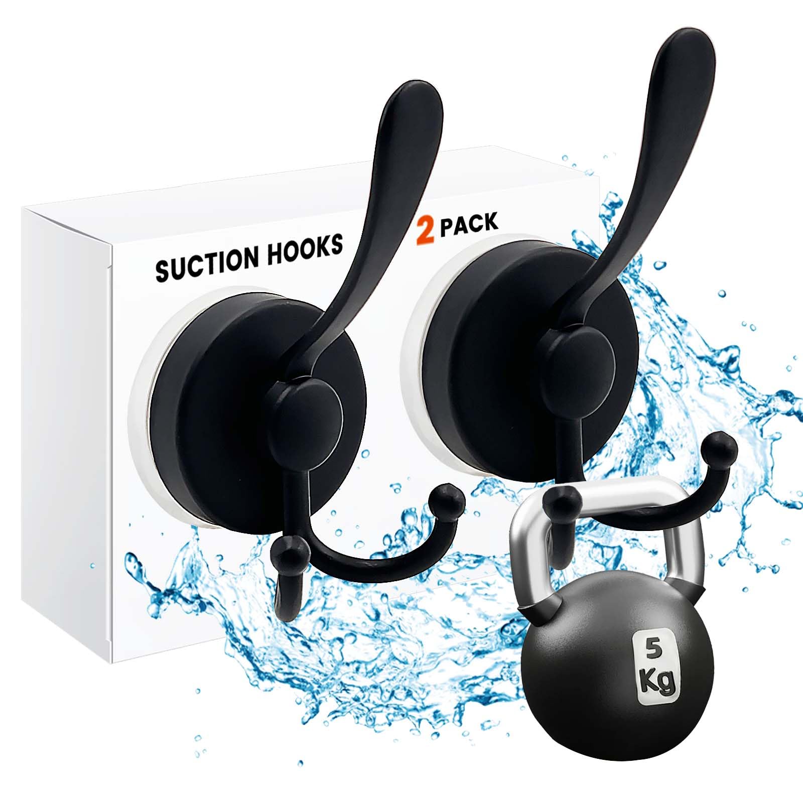 Daily Treasures 2PCS Heavy Duty Stainless Steel Suction Cup Hooks, 5KG Load Capacity Removable Vacuum Hooks for Bathroom Shower Kitchen, 3-Hook Design Reusable Towel Hooks (Black)