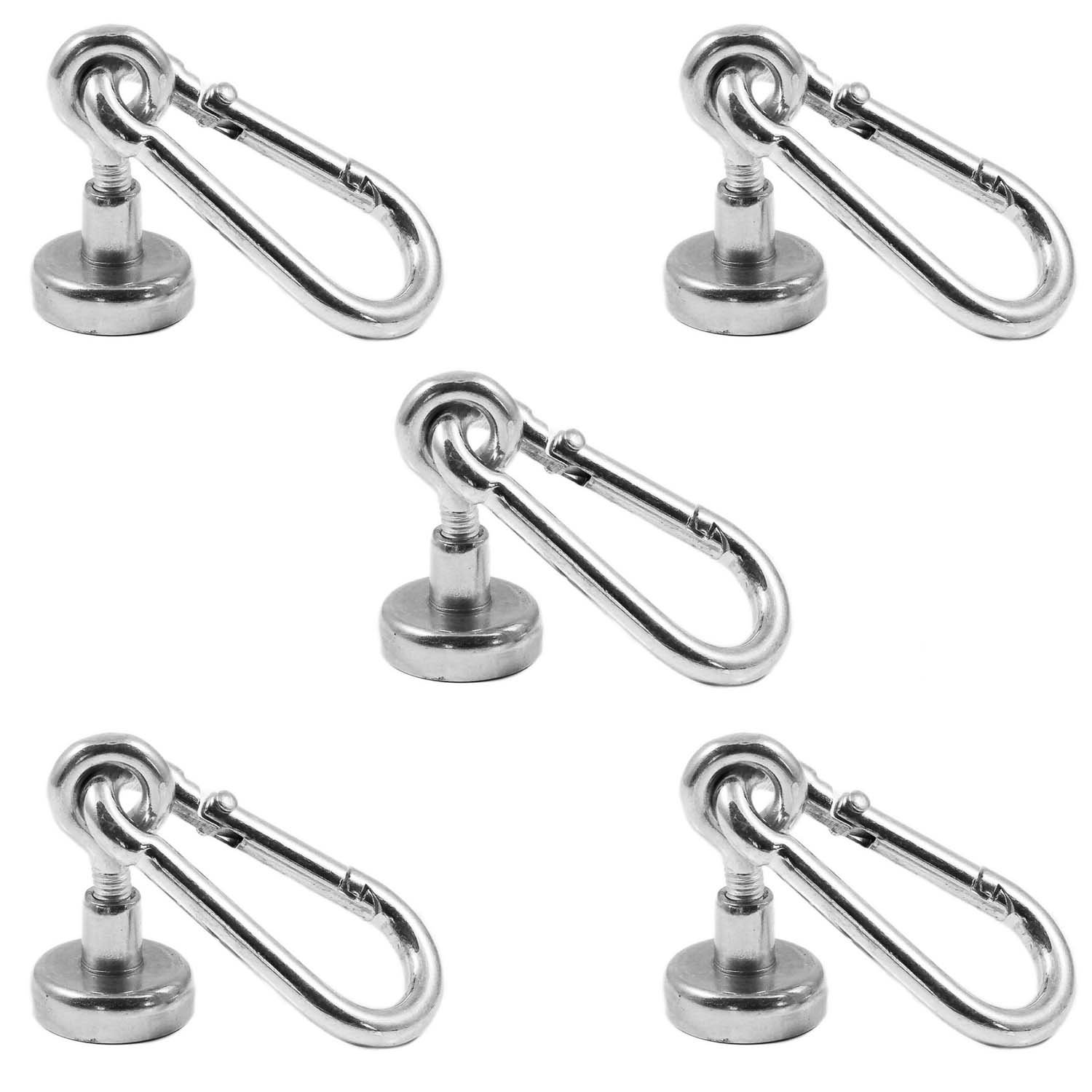 Magnetastico® | 5X Neodymium Eyelet-Carabiner Magnets N35 16 mm Ø | Holding Force 5.5 kg | 5 Strong Neodymium Pot Magnets snap Hook with Eye, Loop & galvanised | Magnetic karabiner eyebolts