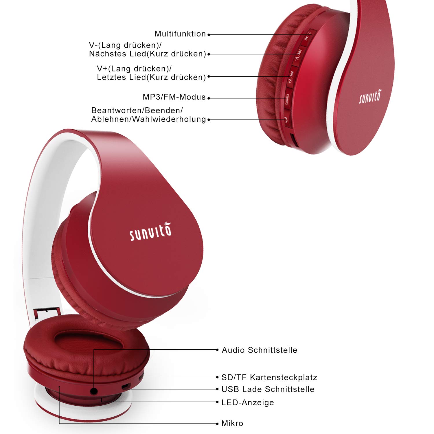 Bluetooth Kopfhörer, Sunvito Faltbarer Drahtloser Stereo Headset mit Mic, FM Radio Unterstützungs-TF Karte und Aux Spiel (Weinrot)