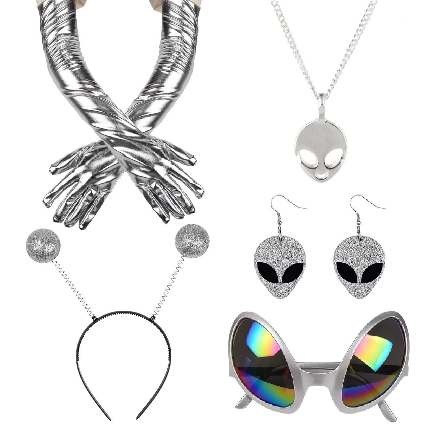 Lezevn 5 Pieces Alien Accessory Alien Ball Boppers Headband Silver Long Gloves Earrings Glasses Necklace Alien Cosplay Costume Accessories