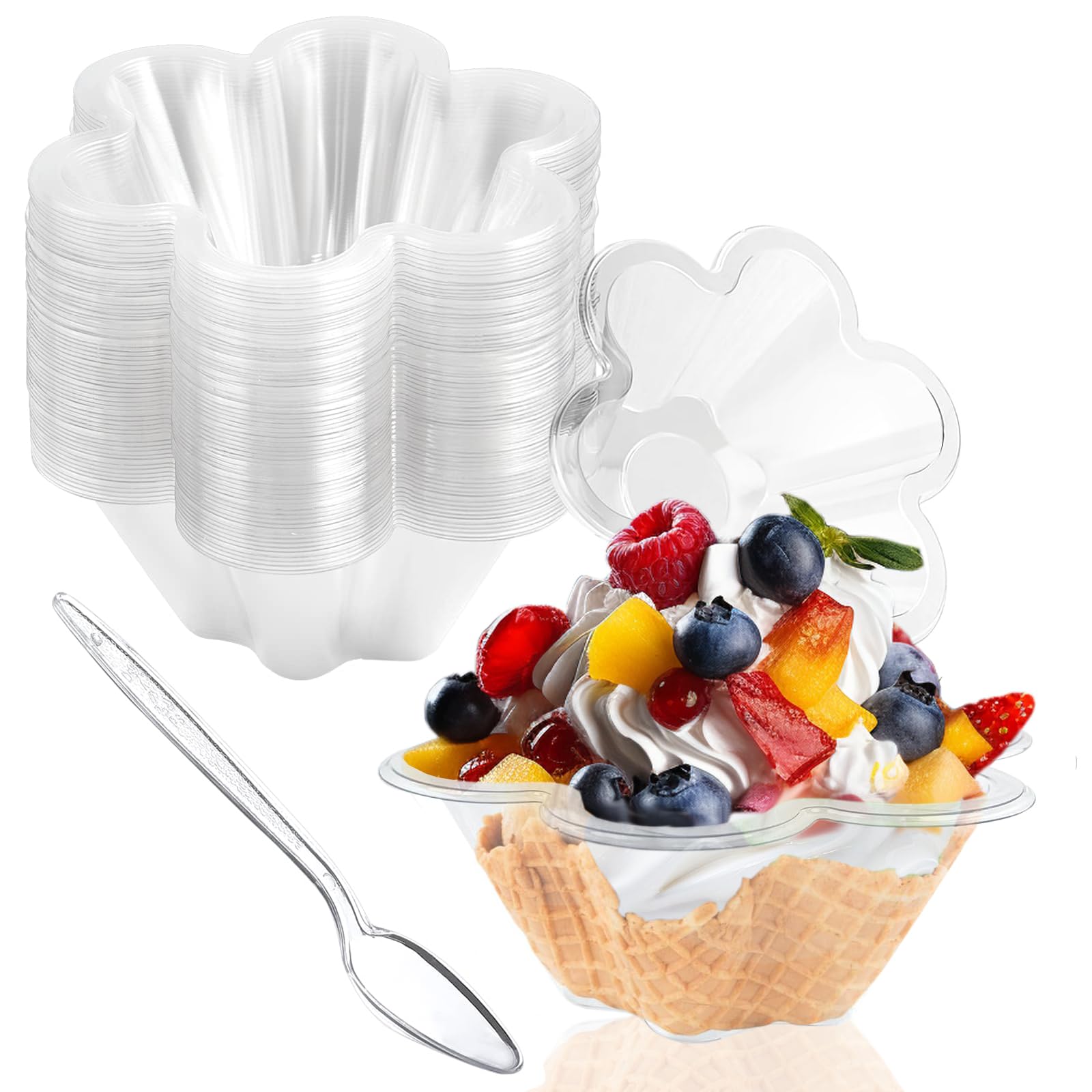 Photo 1 of Legredic 50ct 8oz Plastic Dessert Cups with Spoons, Clear Flower shaped Ice Cream Bowls, Party Sundae Serving Bowls, Parfait Appetizer Cups for Ice Cream, Nuts, and Salad