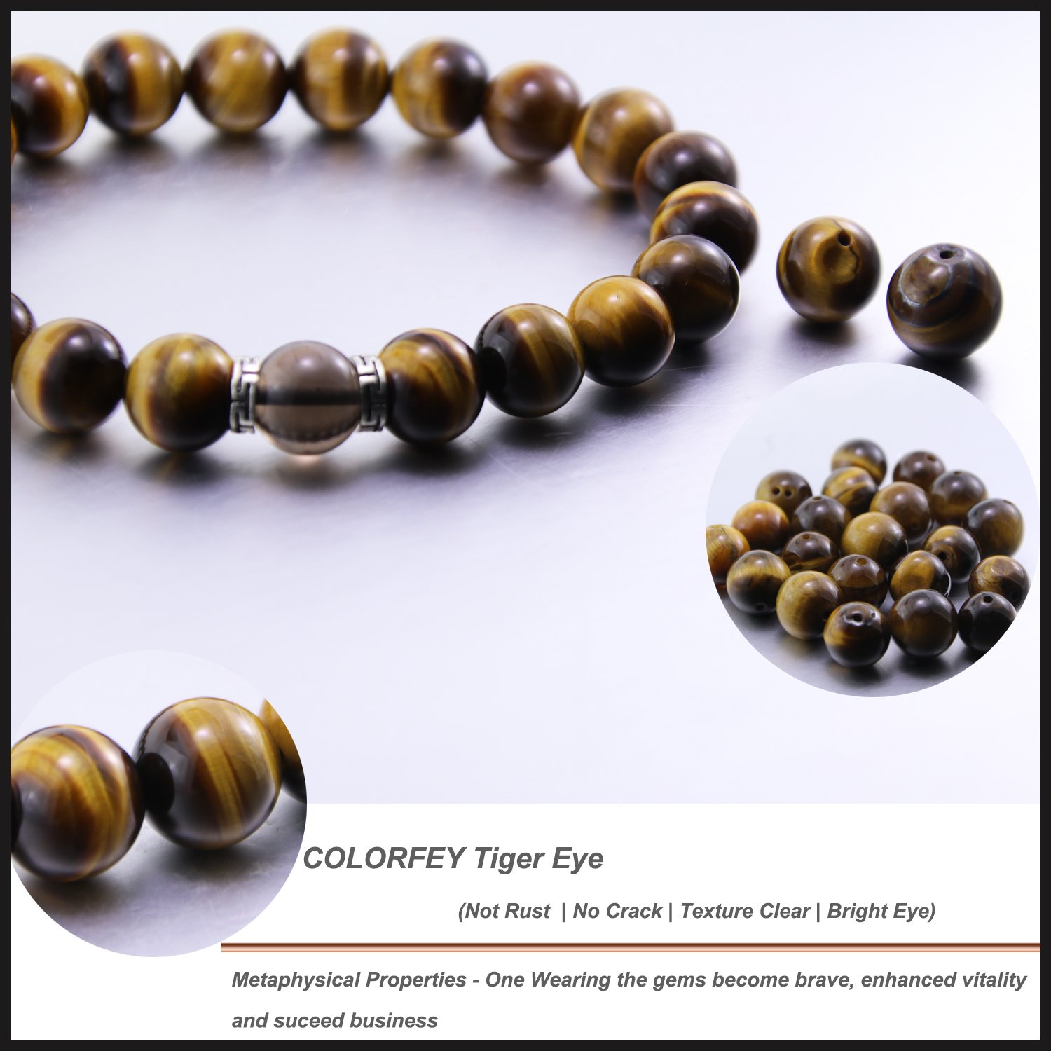 COLORFEY Tiger Eye Bracelet 10mm Real Stone Chakra Healing Bracelet for Men