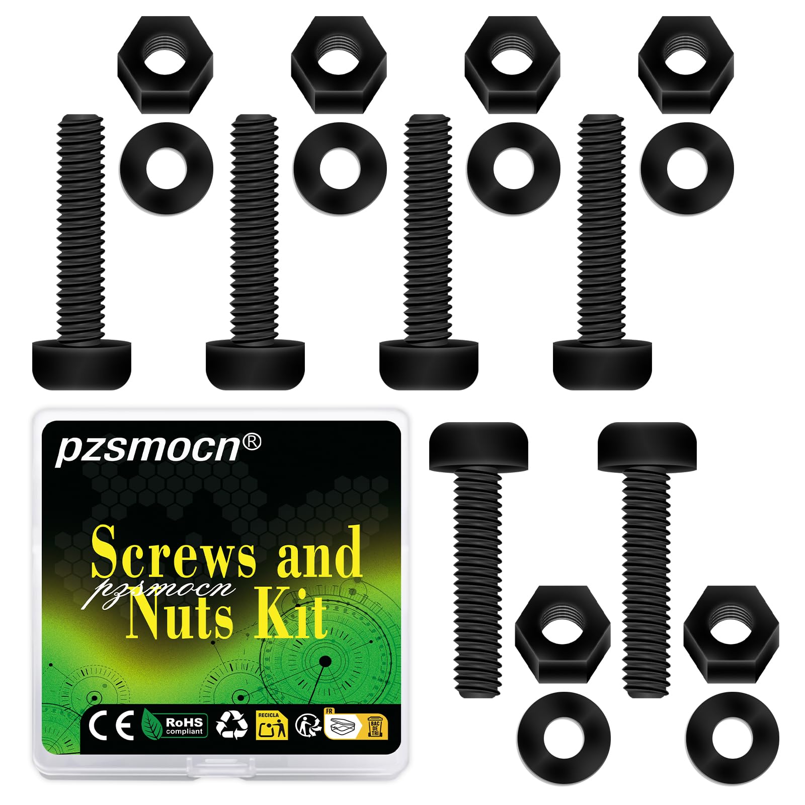 Pzsmocn 300 Pieces/100 Sets M2*20 mm Plastic Black Nylon Cross Round Head Screw Hexagonal Nut Combination Kit, with Insulating Washers, Standard Size, For DIY and Electronic Assembly. — image 1
