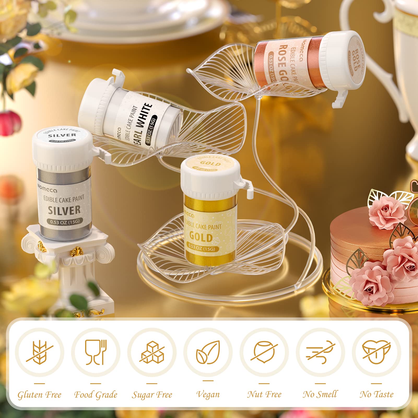Edible Cake Paint - Food Grade Metallic Paint for Cake Decorating 15g Food Coloring Baking Fondant Gumpaste Chocolate Candy Cookie - Gold
