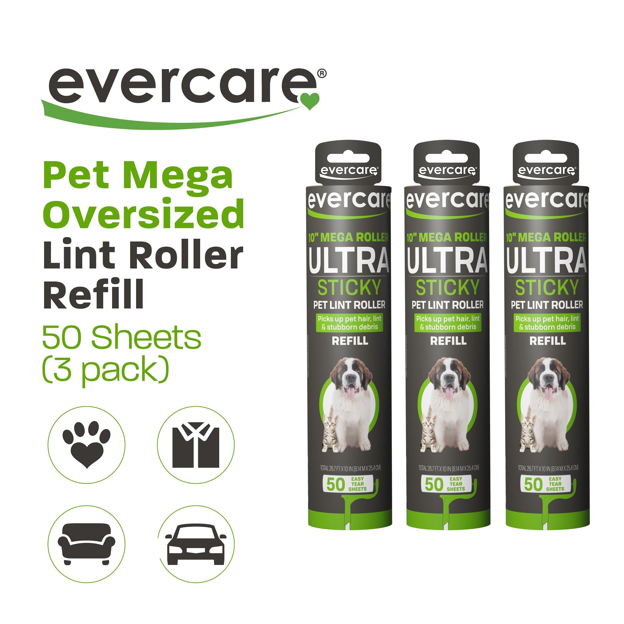 Evercare All-Purpose Pet Mega Oversized Lint Roller Refills, Green, 3-Pack (150 Sheets)