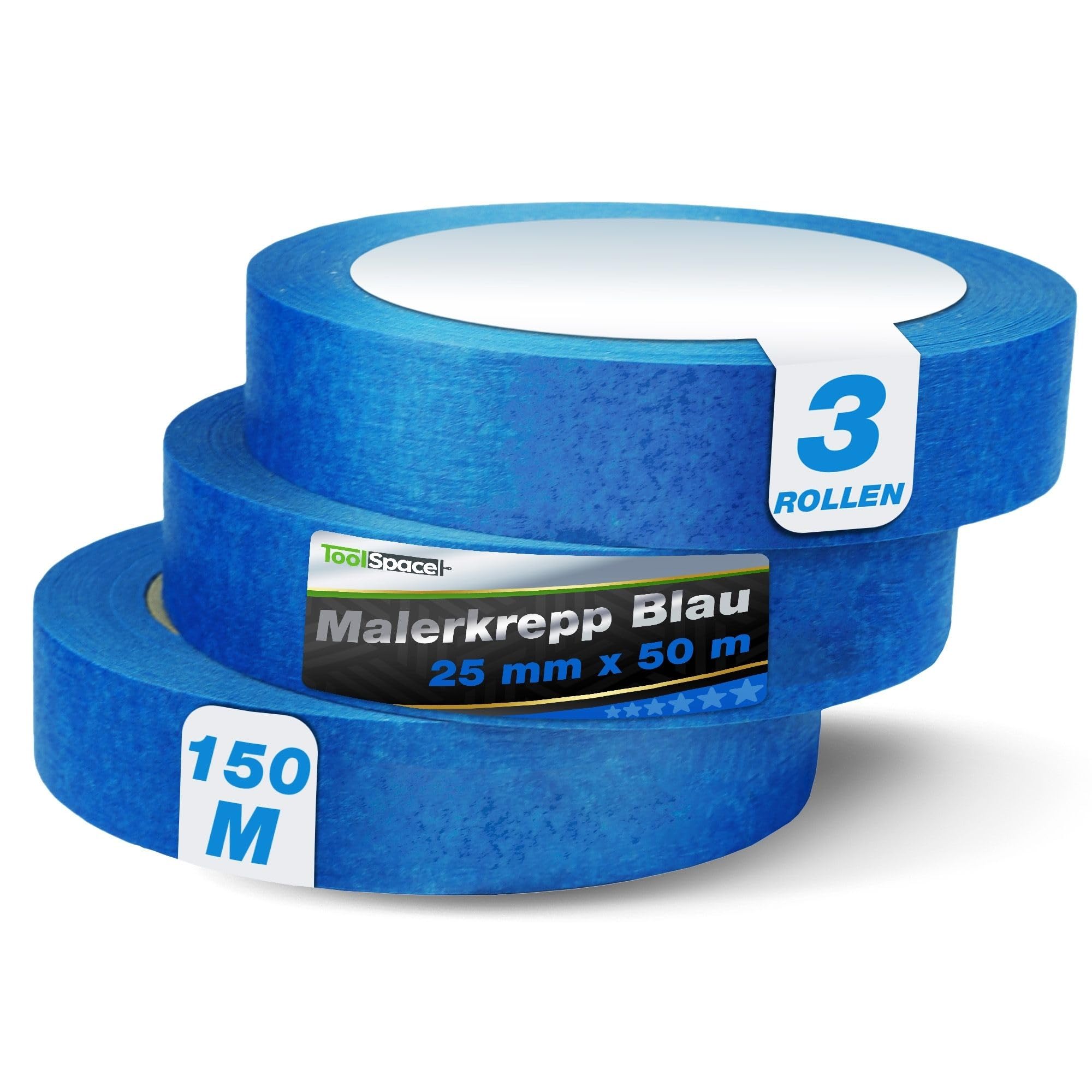 ToolSpace Crepe Tape - Blue Painter's Tape Set - Professional Painter's Tape for Renovation Work - Masking Tape for Painting - Solvent Free - 25mm / 50m Roll Set of 3 150m