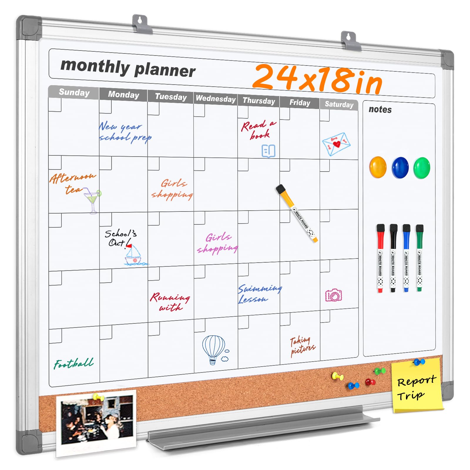 MAKELLO Monthly Calendar Whiteboard Dry Erase Cork Board Combo for Office, Classroom, Kitchen and Bedroom, 60x45cm