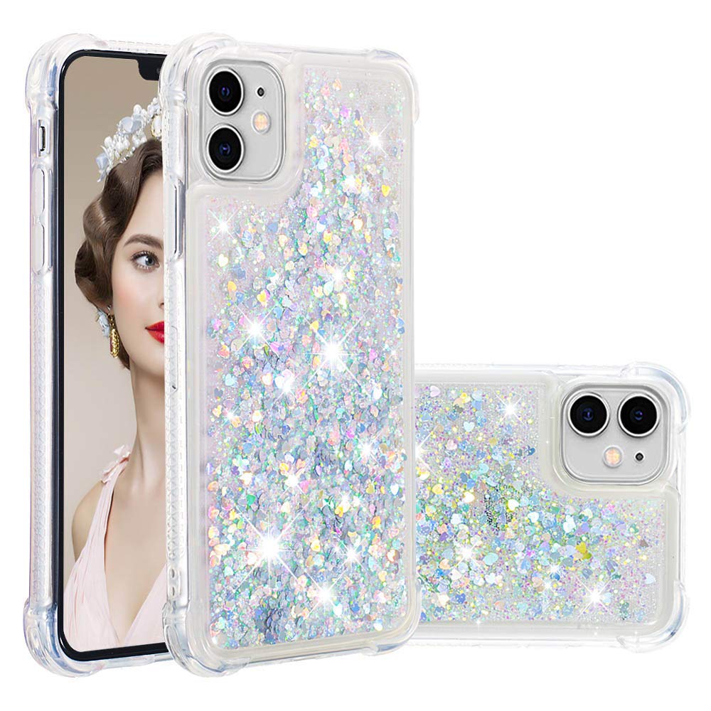 IMIRST Silicone Phone Case for Apple iPhone 11, Corner Airbag Fall Protection Bling Glitter Quicksand Liquid Sparkle TPU Case Cover for Apple iPhone 11. YBW Love Silver