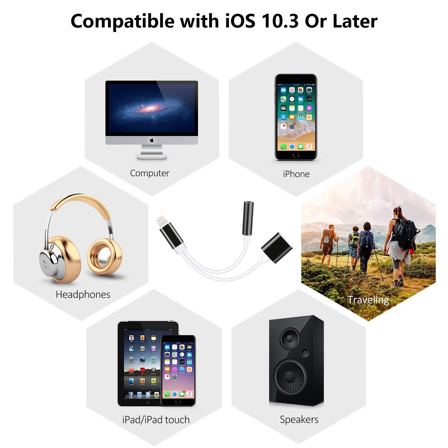 Twinkk 2 in 1 Audio&Charge Headphone Adapter Compatible with iPhone Xs Max/XS/XR/X/8/7 and More Compatible with iOS 10.3/11 or Later (Black)