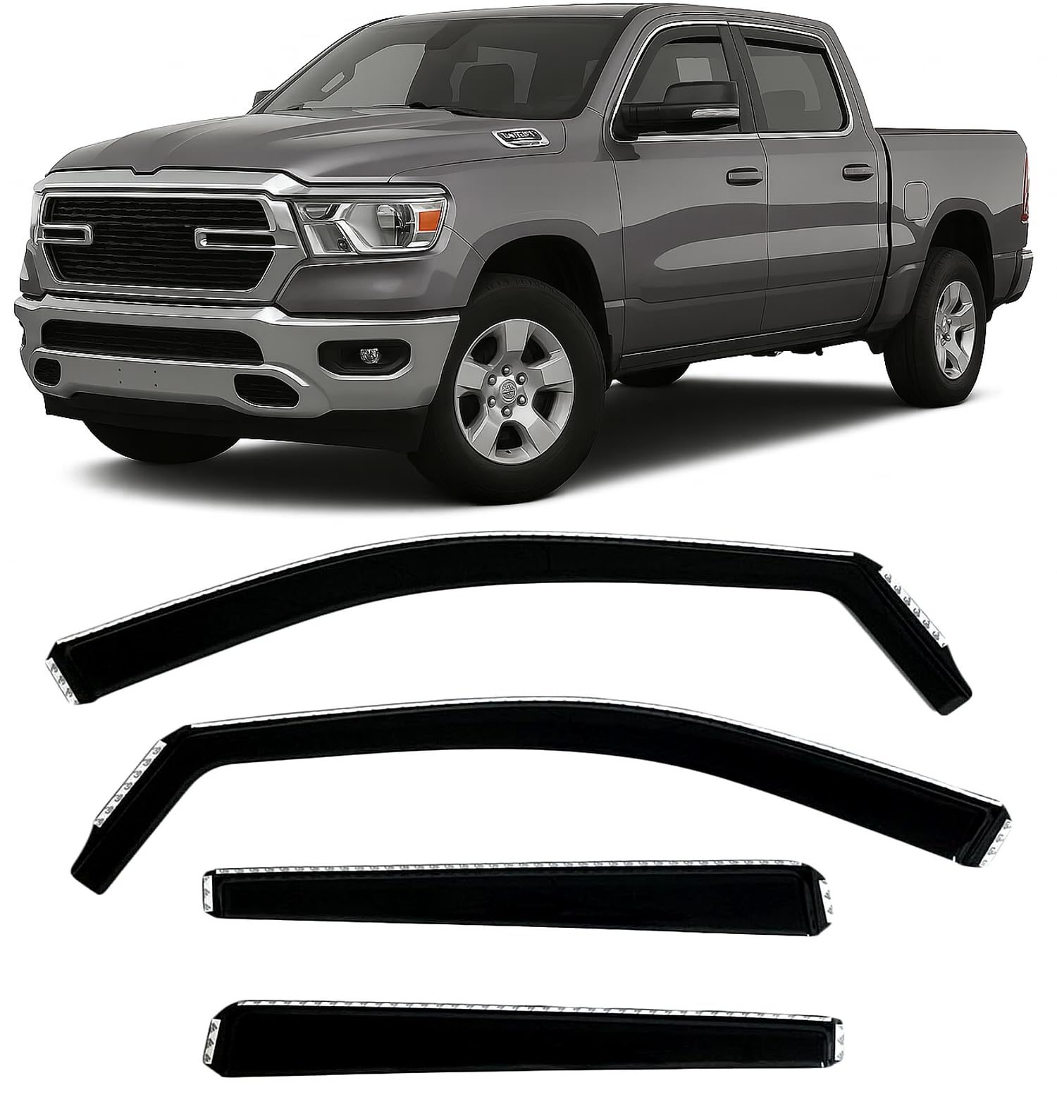 Photo 1 of 2019-2026 in-Channel Rain Guards for Dodge Ram 1500 Side Window Visor Deflectors Crew Cab Only Tinted Vent Shade Protectors 2020 2021 2022 2023 2024 2025