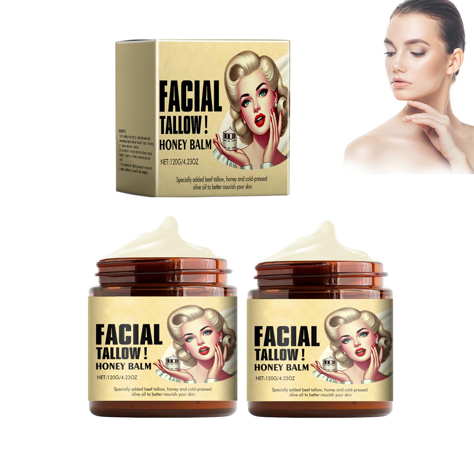 Mikabila (04)120g*2 Beef Tallow Cream for Skin Care,Beef Tallow Honey Moisturizer,Anti-aging Soft Skin,Brightening Facial Cleanser Moisturizes Lightens Spots,Face & Body Whipped Moisturiser