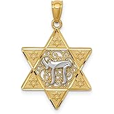 14k Two-Tone Gold Star of David Chai Pendant Necklace with Filigree Detailing, Religious Jewish Jewelry Featuring Hebrew Life Symbol, Faith Inspired Spiritual Charm for Men or Women 27 mm x 17 mm