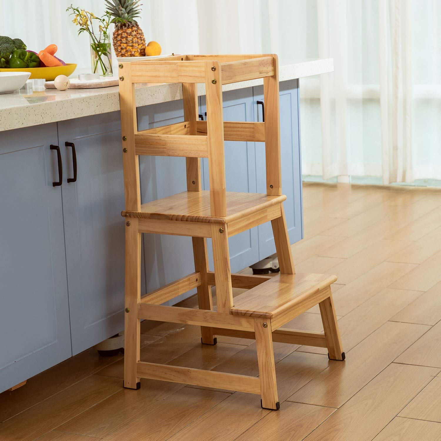 Kitchen Helper Step Stool for Kids and Toddlers with Safety Rail Children Standing Tower for Kitchen Counter, Mothers' Helper Kids Learning Stool, Solid Wood Construction (Natural) : Baby