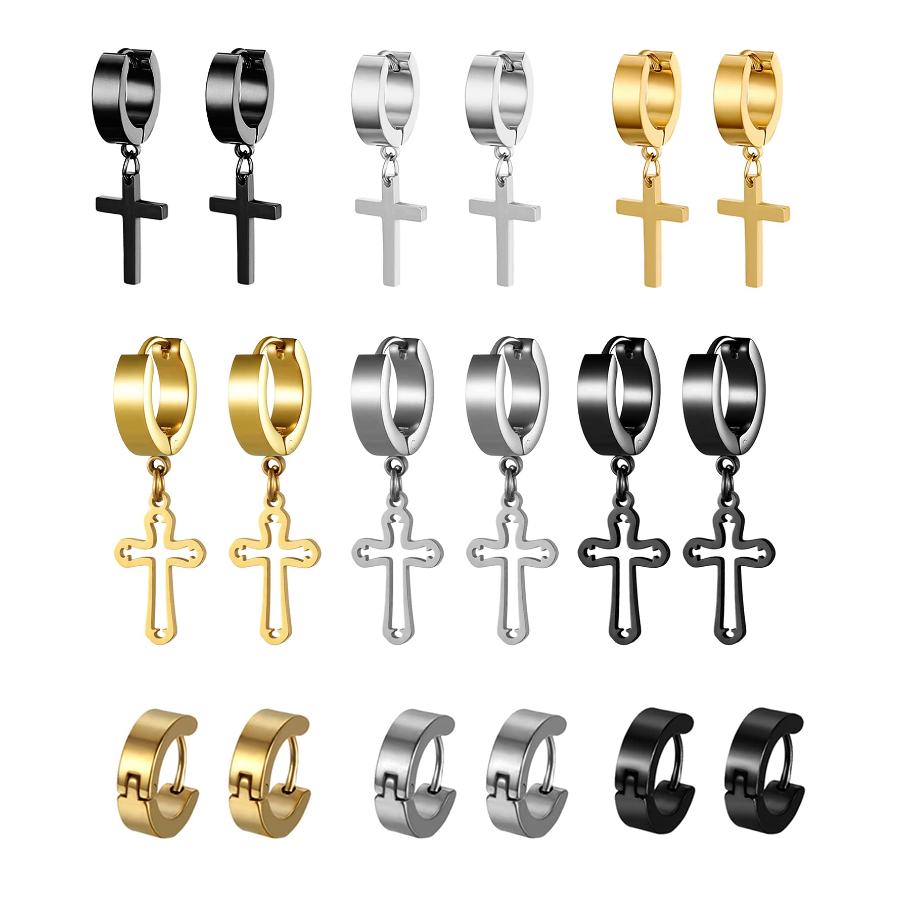 Cupimatch 9 Pairs Hollow Cross Dangle Huggie Hinged Hoop Earrings for Men Women