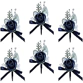 Marriwise 6pcs Rose Boutonniere for Men, Artificial Flowers Wedding Groom Groomsmen Boutonniere for Wedding/Anniversary/Prom/Rustic Wedding/Homecoming (Dark Navy Blue)