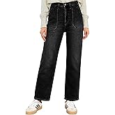 Flvsun Women 's High Waisted Straight Leg Jeans for Trendy Stretchy Bootcut Jeans Ankle Length Patch Pocket Denim Pants