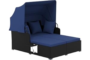 Tangkula Patio Rattan Daybed with Retractable Canopy, Outdoor Wicker Sunbed Lounger with 2 Foldable Side Tables, Thick Seat & Back Cushions, Outside Double Daybed for Garden, Backyard, Porch, Navy