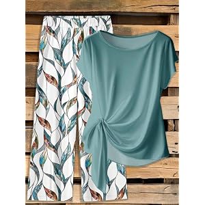 Summer Outfits 2pcs Women Casual Bowknot Shirt & Loose Straight Geometric Print Pants Set, Suitable for Early Autumn Outfits
