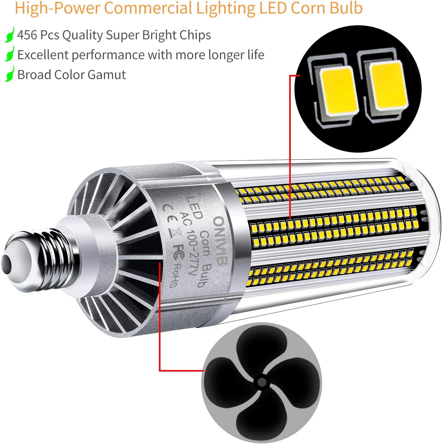 ONIVIB 150W Super Bright LED Corn Lamp Bulb, E40 Mogul Base, 18000 Lumen (1500W Equivalent) 6500K Cool White Daylight - Image 3