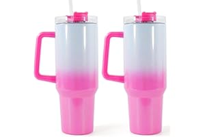 FECBK 40oz Sublimation Tumbler with Handle 2 Pack Sublimation 40 oz Tumbler with Removable Handle and Straw Lid Stainless Steel Insulated Tumbler Blanks for Keep Hot/Cold Hours, Diy Gift, Hot Pink