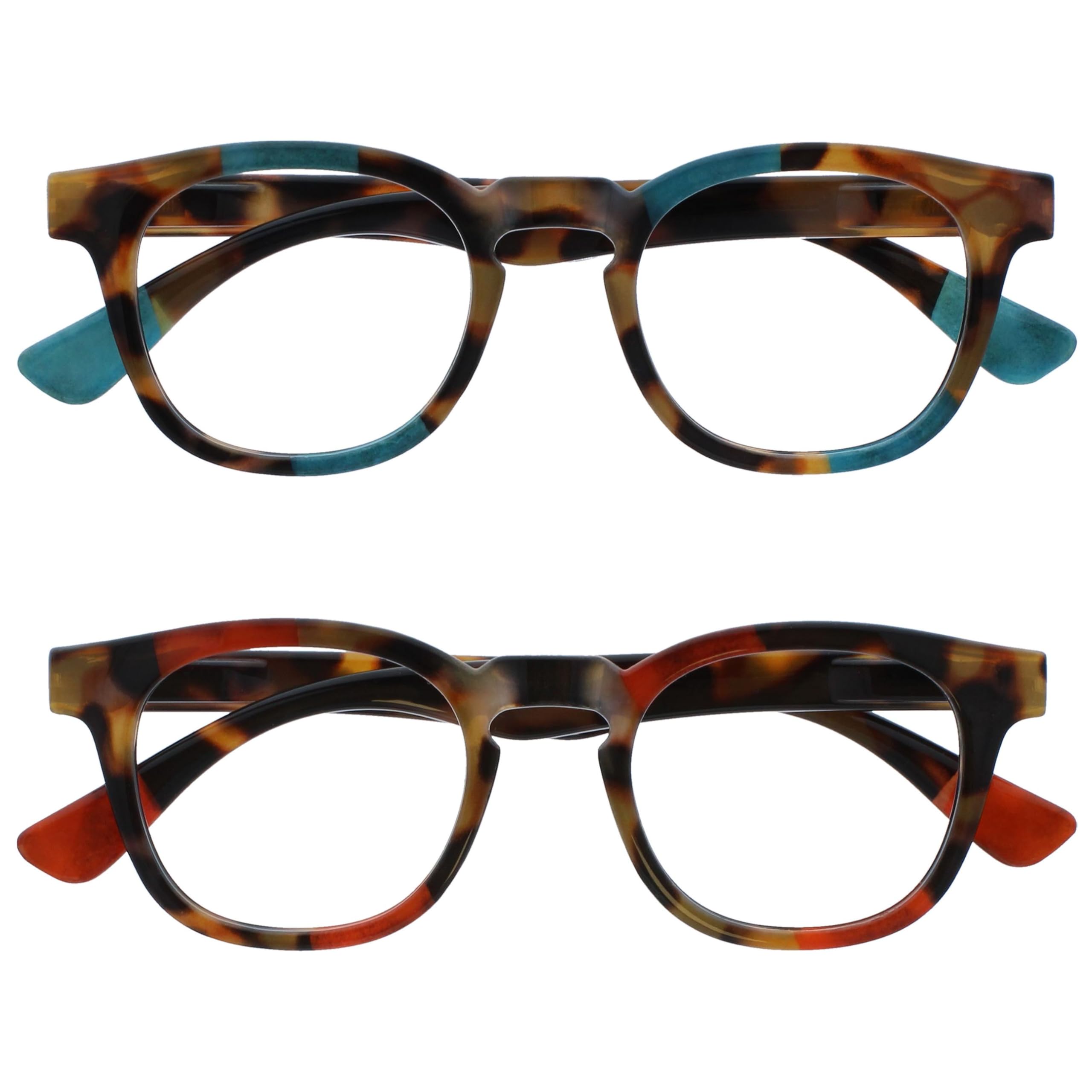 OPULIZE Ava Reading Glasses 2 Pack Flattering Rounded Frame Spring Hinges Scratch Resistant Brown Tortoiseshelll Turquoise Red Mens Womens RR62-QZ +3.50