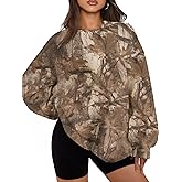 JEIBKOUY Womens Camo Sweatshirt Oversized Graphic Maple Leaf Print Crewneck Long Sleeve Y2k Trendy Fall Pullover Hoodies