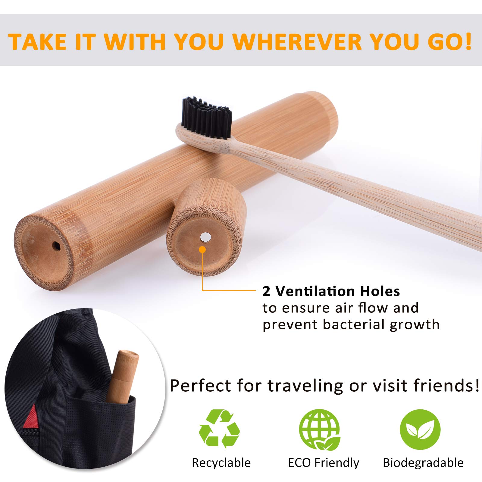 Bonviee Natrual Bamboo Toothbrush with Travel Holder Bamboo Charcoal Toothbrush Set Biodegradable Eco-Friendly with 2 Soft + 2 Hard Medium Charcoal Bristles Wooden Toothbrush for Adult Sensitive Gums