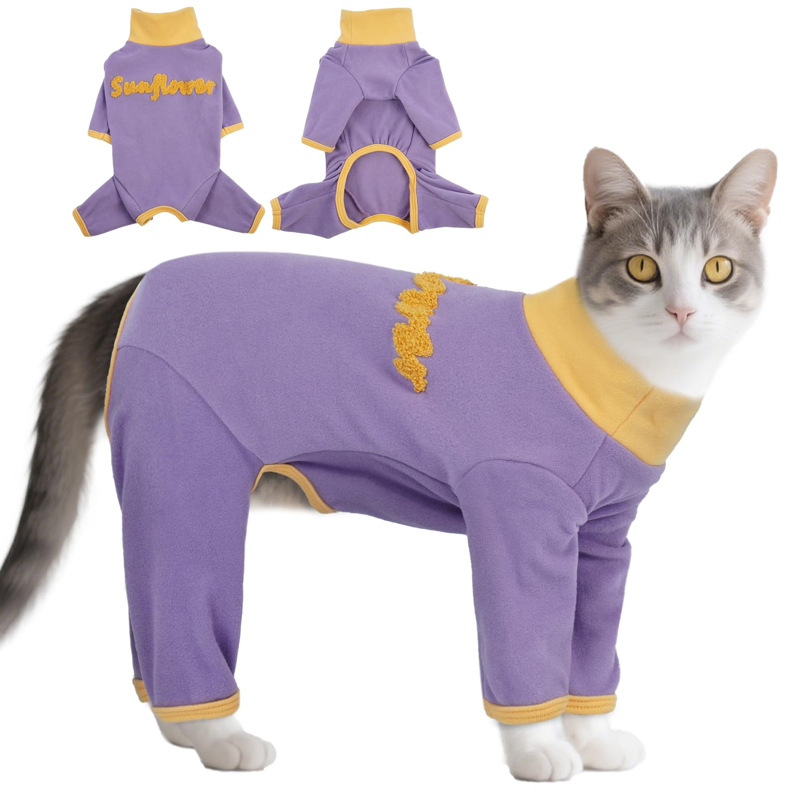 Photo 1 of T'CHAQUE Sticky Hair Cat Onesie Pajamas, Soft Long Sleeve Cat Clothes, Anti-Shedding, Surgery Recovery Suit, Wound Protection & Preventing Licking, Kitten Sweaters for Male & Female, Purple-XL