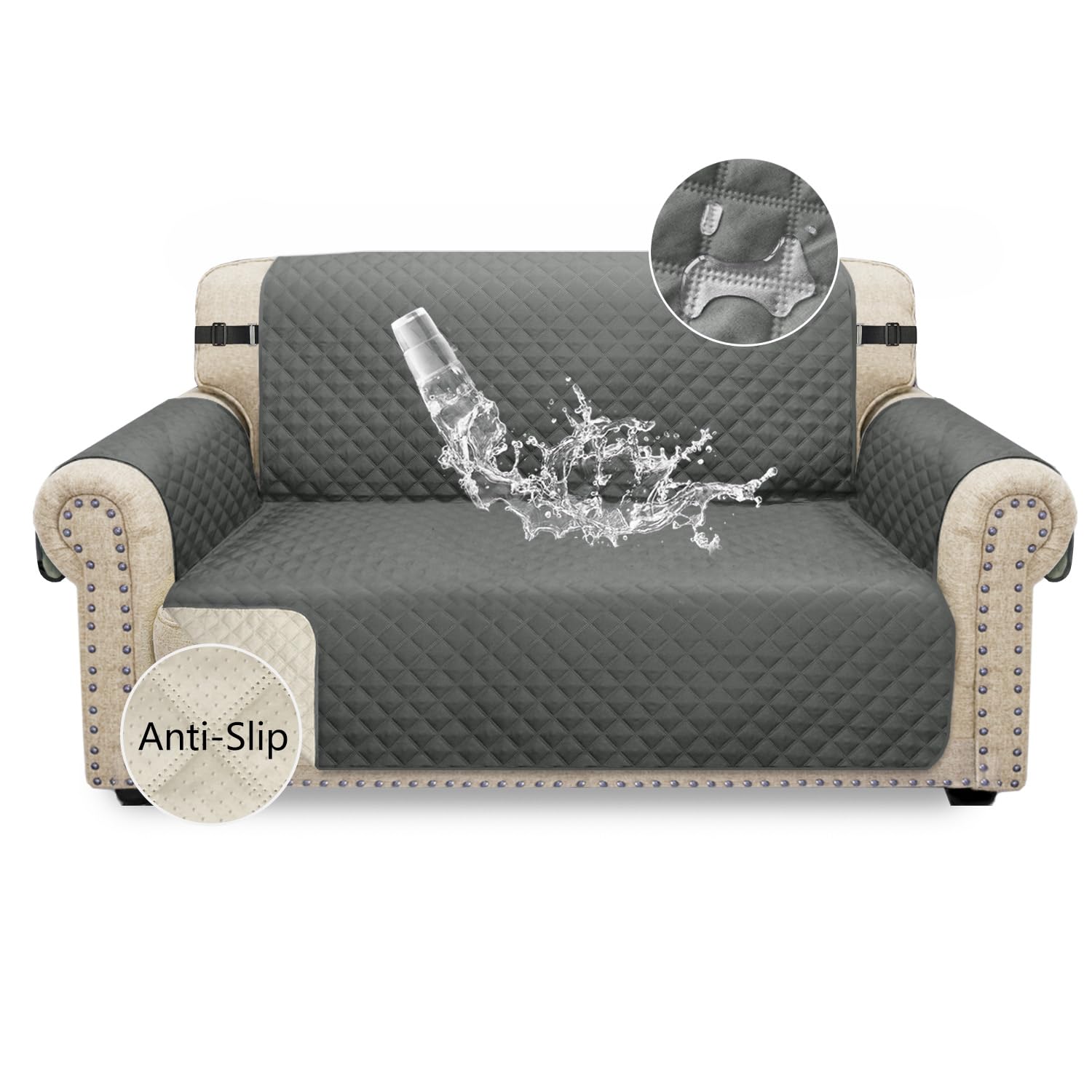 Granbest Waterproof Sofa Cover 2 Seater Non-Slip Loveseat Cover with Elastic Straps, Washable Sofa Protector for Kids, Pets, Dogs, Cats Four Seasons Universal (2 Seater, Grey)