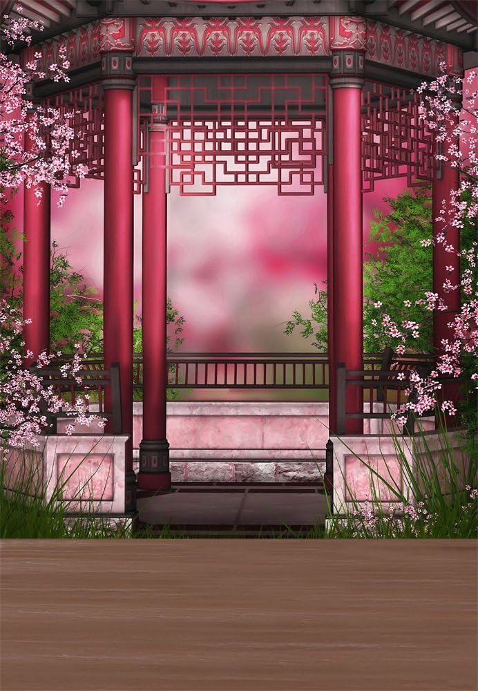 Laeacco 5X7FT Vinyl Backdrop Classical Pavilion Flowers Dreamy Photography Background Retro Architecture Pavilion Fairy Tale Garden Wedding Backdrop Festival Backdrop Photo Studio Props