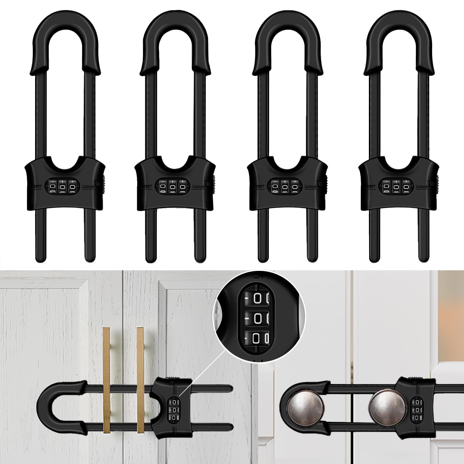 4 Pack Child Safety Sliding Cabinet Locks, Adjustable U-Shaped Child Proof Sliding Cabinet Door Code Locks 3 Digit Password, Reusable Baby Safety Cupboard Locks for Knob Handle Drawers Closet(Black)