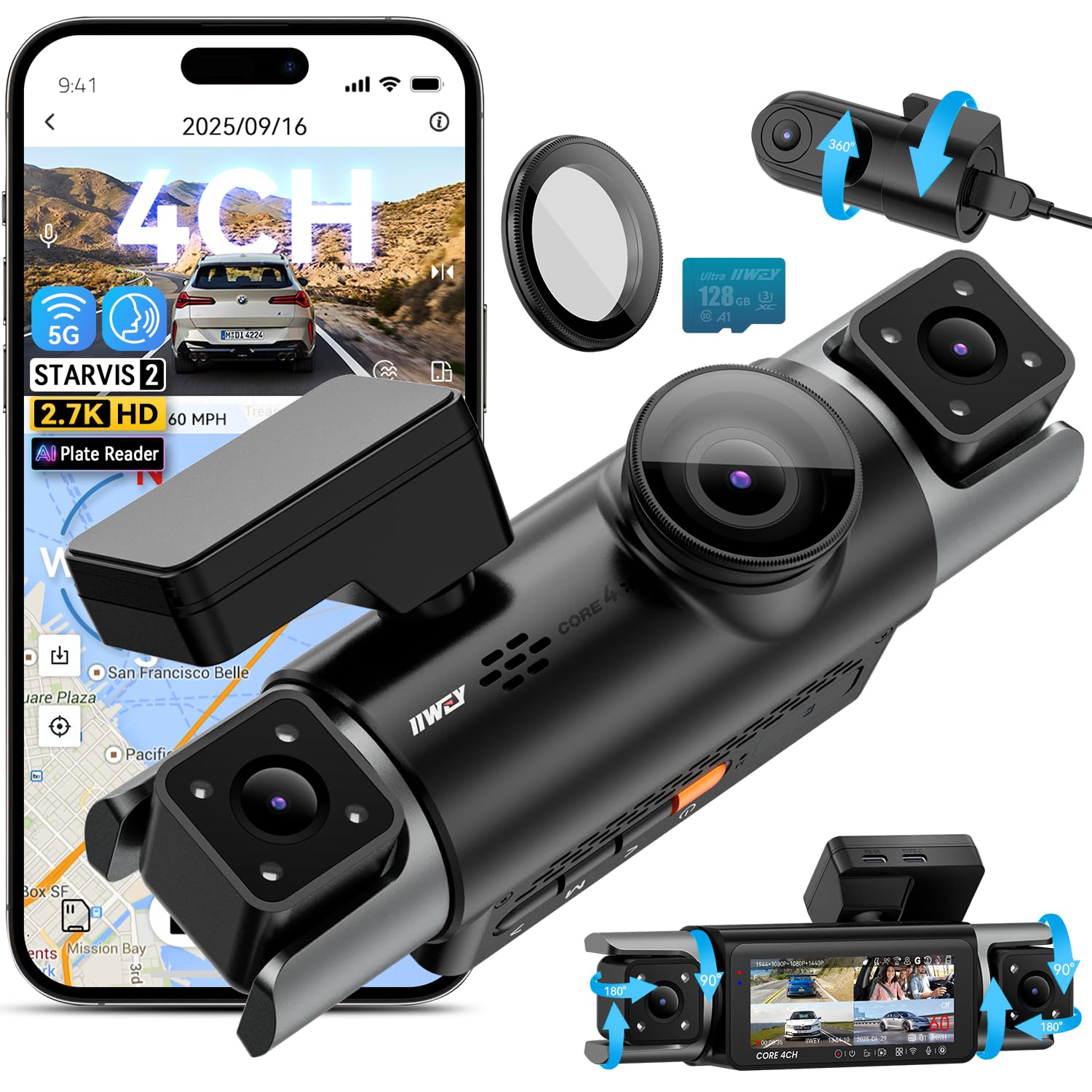Photo 1 of 4 Channel Dash Cam Front 2.7K Rear 2K Inside 1080P x2, STARVIS 2 IMX675 Night Vision, AI Plate Reader, 360° Camera for Car, 5GHz WiFi GPS, Voice Control, 24/7 Parking Mode, 128GB Card (C4 PRO)