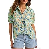 Cicy Bell Womens Floral Printed Button Down Shirts Summer Casual Puff Short Sleeve Collared V Neck Blouses Work Tops