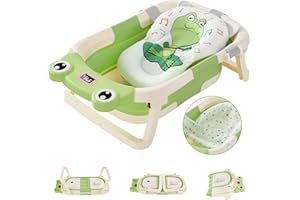 TUYEDOQE Foldable Baby Bathtub for Newborn to Toddlers, Foldable Bath Tub with Thermometer & Soft Cushion & Bath Net, Durable Portable Travel Bathtub with Drain Hole for Infants (Cute Green Baby Bathtub)