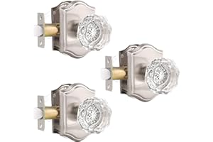 Gobrico Crystal Interior Door Knobs in Satin Nickel,Octagon Crystal Knob Handle with Clear Diamond Knob,Classic Arched Rosette,Passage Function for Hall/Closet/Pantry,3 Pack