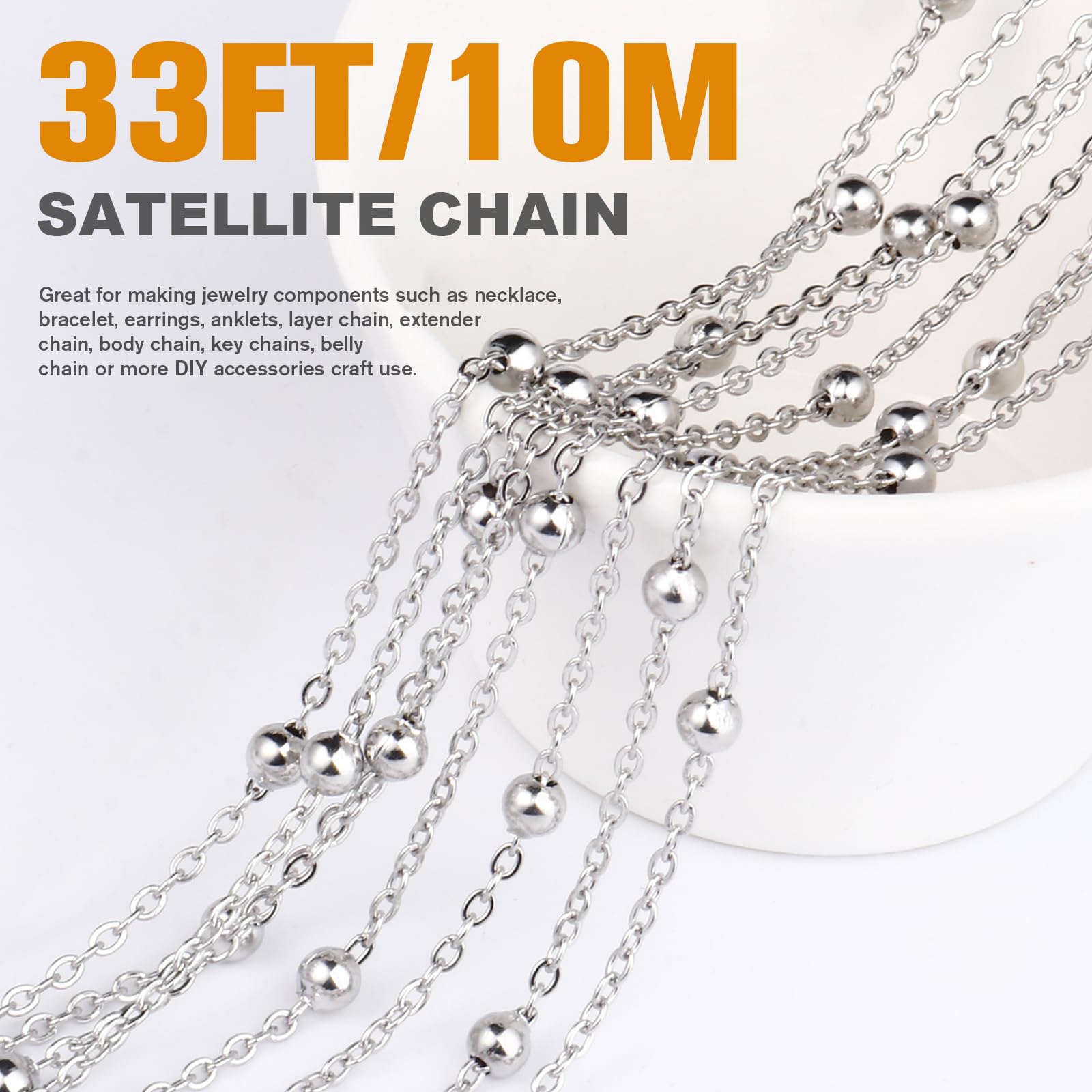 33 Feet Stainless Steel Satellite Bead Chains Roll, 2mm 304 Stainless Steel Ball Beaded Cable Link Chains Spool Bulk for Jewelry Making DIY Craft