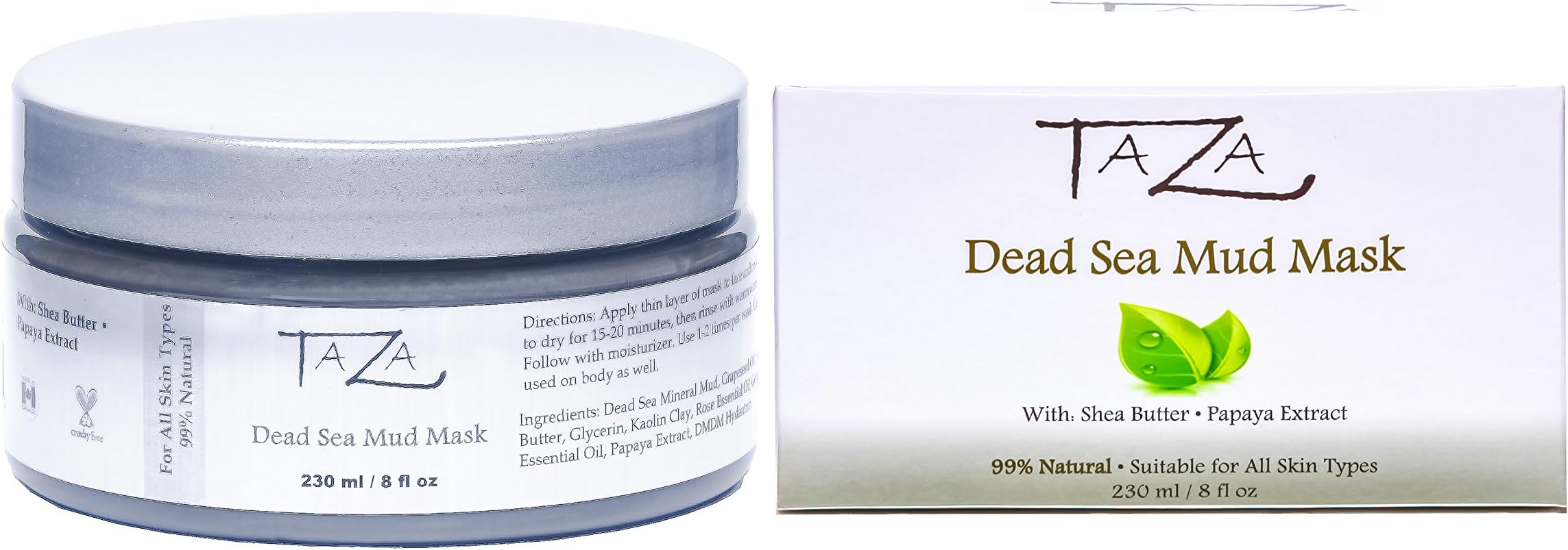 Taza Premium Natural Dead Sea Mud Mask, 8 ounces (230 milliliters), Bright and Radiant Facial Skin, With: Dead Sea Mud, Shea Butter, Grapeseed Oil, Vitamin E, Glycerin, Papaya Extract