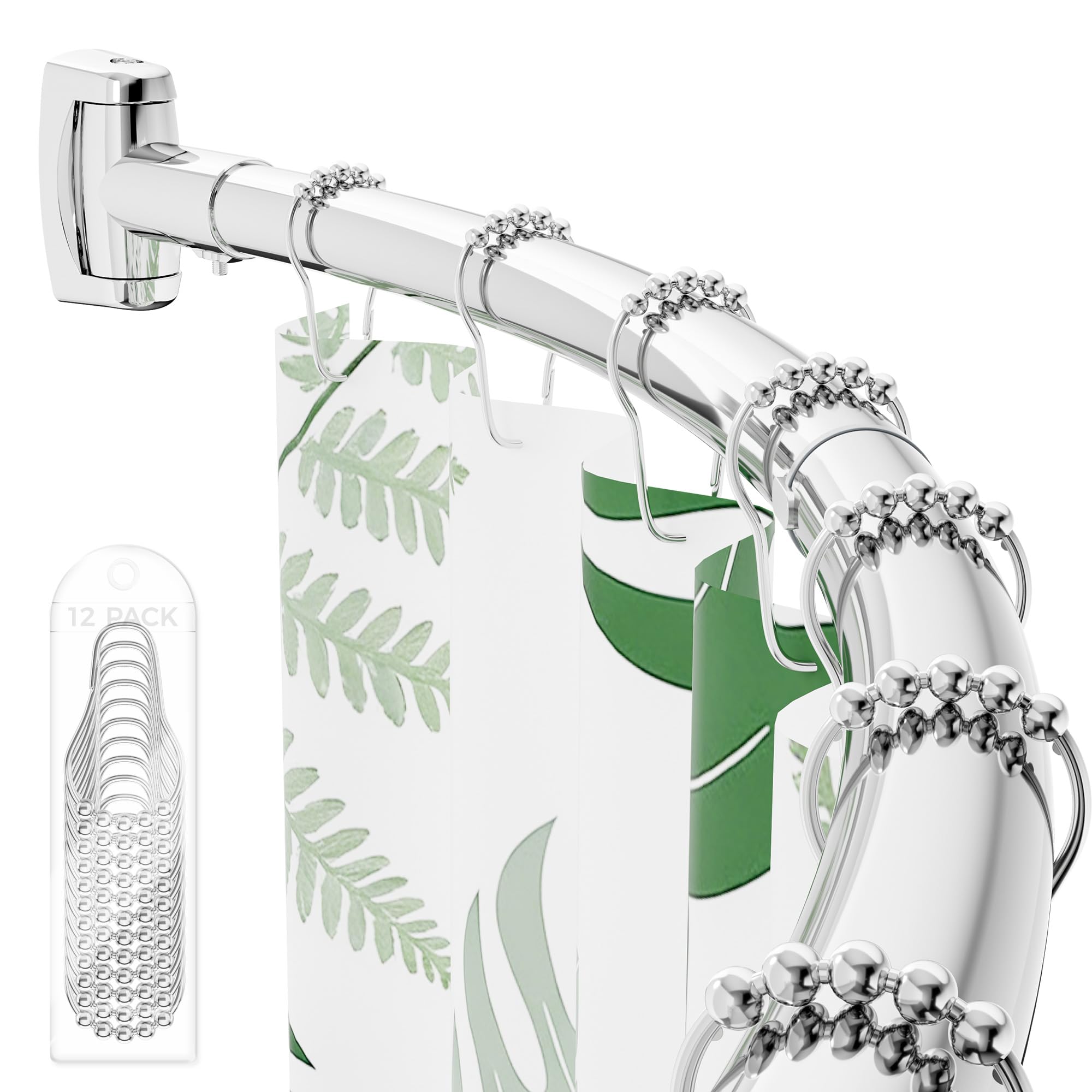 ENJOYBASICS Curved Shower Curtain Rod with Shower Rings, 35-77 Inches Adjustable Round Bathroom Rod for Extra Space, Rustproof, Need to Drill, Silver