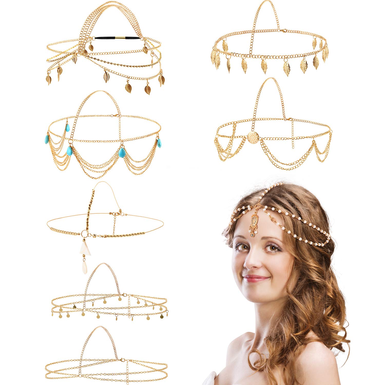 8-Piece Gold Head Chain Jewelry Boho Headband Headpiece Coins Pearl Tassel Hair Band Festival Prom Wedding for Women and Girls (Style A)