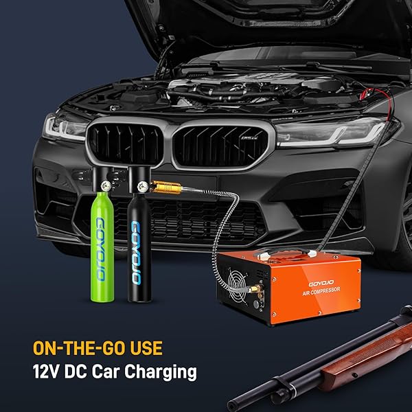GOYOJO PCP AIR COMPRESSOR, MAX 4500 PSI / 300 BAR, FAST FILL FOR AIRGUNS OR PAINTBALL TANK, AUTO SHUT-OFF, DUAL POWER CAR 12V DC OR HOME 120V AC, BUILT-IN COOLING FAN, 300W PORTABLE PCP PUMP