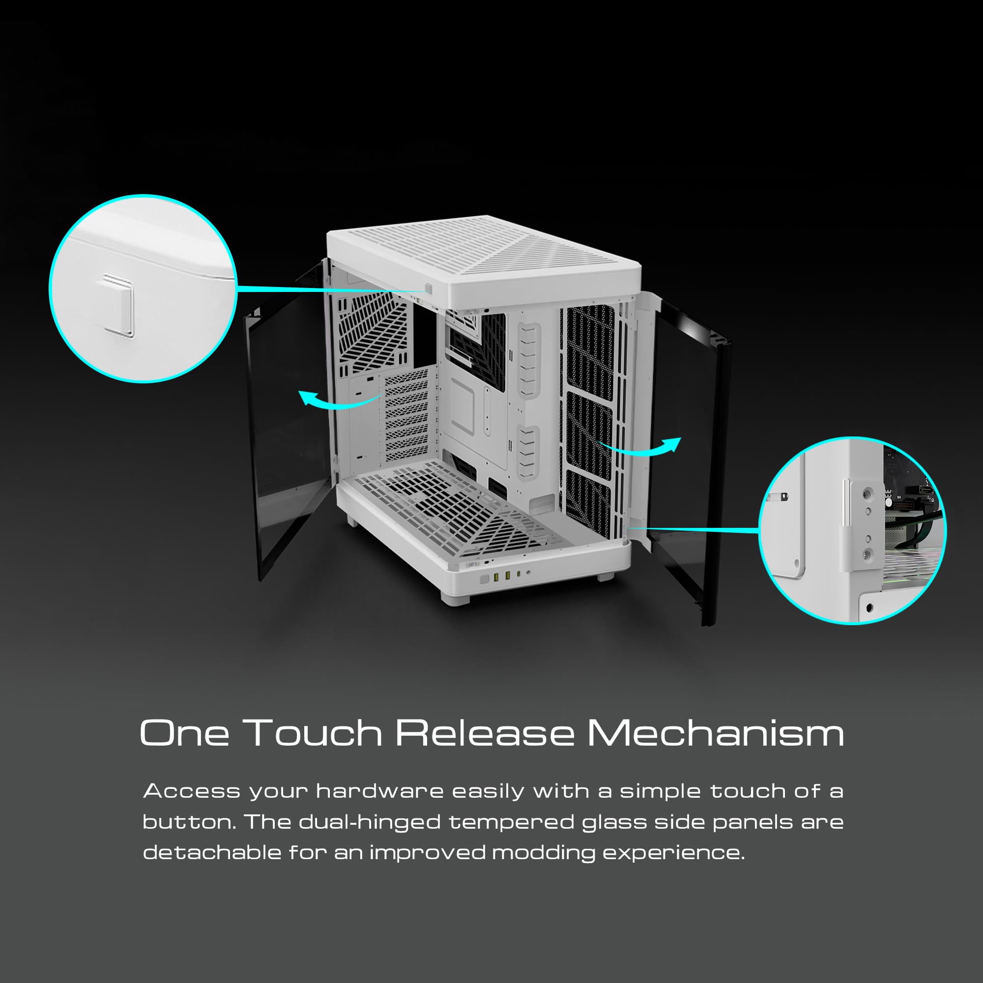 GAMDIAS RGB Dual-Chamber Panoramic Tempered Glass Gaming PC Case; 2-way Standing with Vertical & Horizontal Orientaton and One-touch Open; Computer Case support 420mm AIO & Huge Cable Management Space
