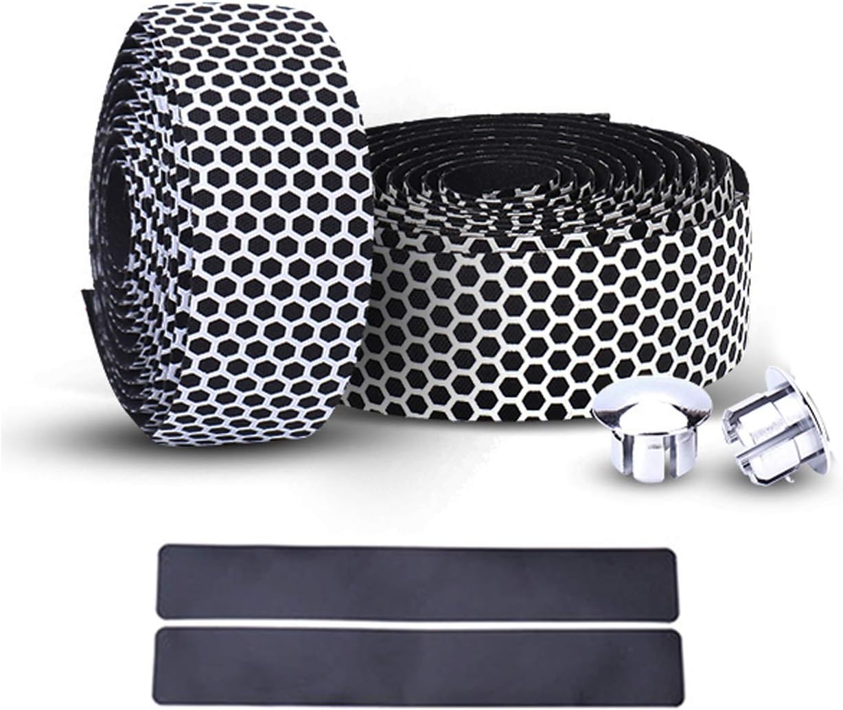 PLATT Road Bike Handlebar Tapes Bicycle Bar Tape Superior Breathable Hexagon Non-Slip Bike Handlebar Tape Bike with Bar End Plugs,White (2PCS Per Set)