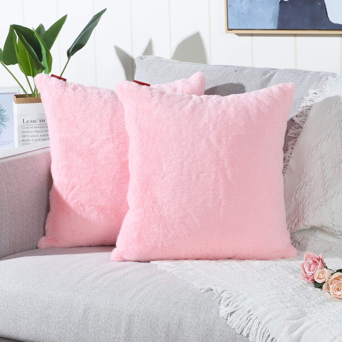 Mandioo Pack of 2 Pink Faux Fur Fuzzy Cozy Soft Decorative