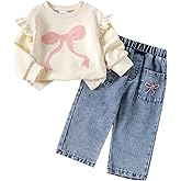 Geogenry Toddler Baby Girl Clothes Fall Spring Outfit Bow Print Long Sleeve Sweatshirt Pullover Tops Denim Jeans Pants Set