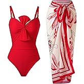 One Piece Swimsuit for Women with Cover Up Set Retro Bathing Suit Tummy Control Knot Swimwear Beach Wrap Skirt