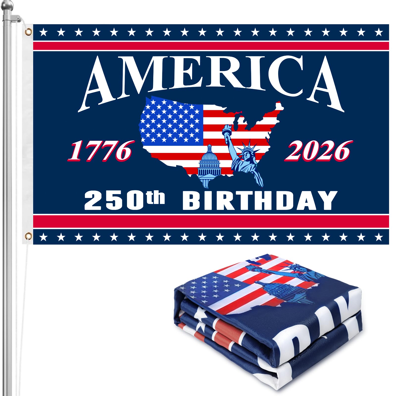 View 1 of 250th Anniversary American Flag - 3x5 Ft Double Sided 3 Layers Patriotic Flags - 4th of July Decorations Independence Day 250th Anniversary Flag for Indoor Outdoor Decoration